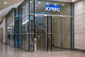 KPMG building exterior with blue and white logo