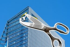 EY building with scissors overlay