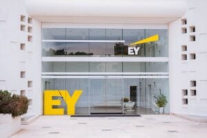 a shiny and clean EY glass office