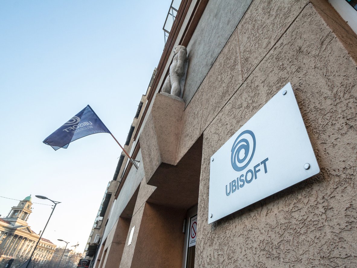 Ubisoft logo in front of their local headquarters in Serbia
