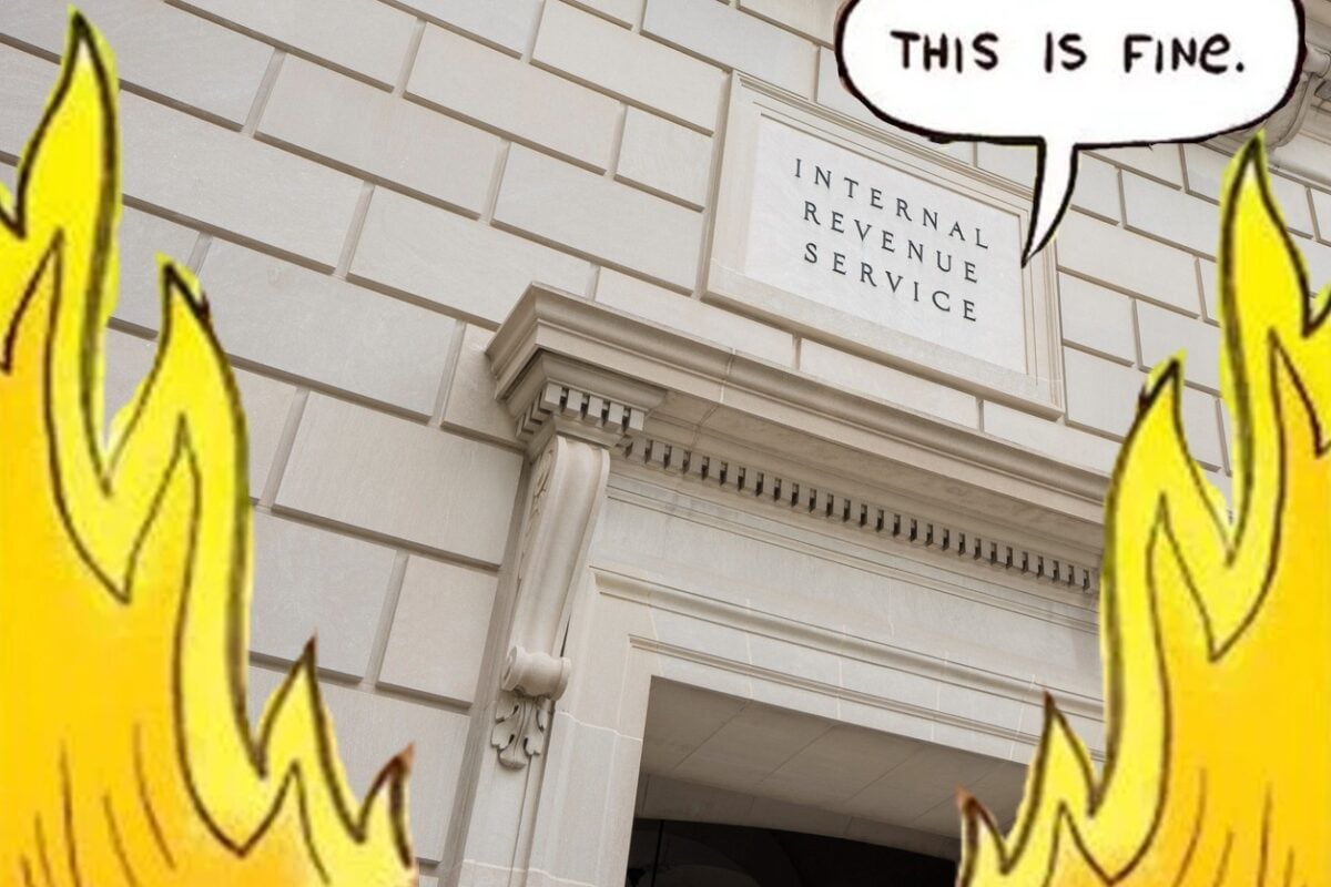 IRS building with This is Fine meme overlay