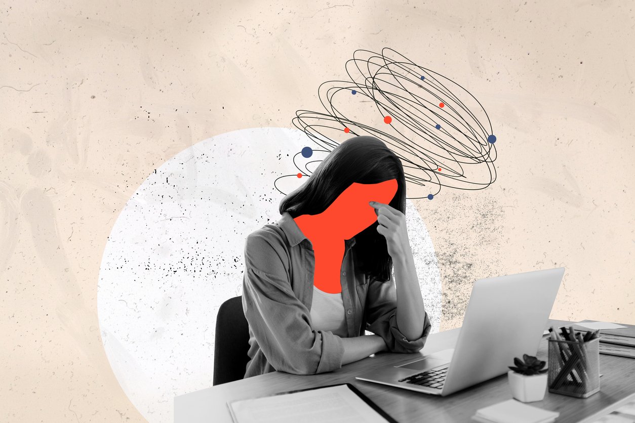 illustration collage of stressed woman at work