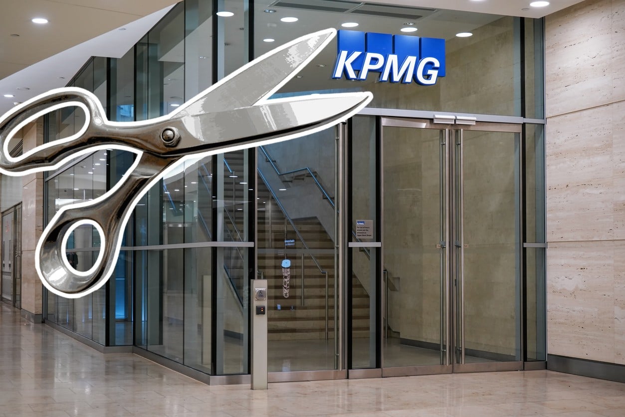 KPMG office exterior with scissors overlay