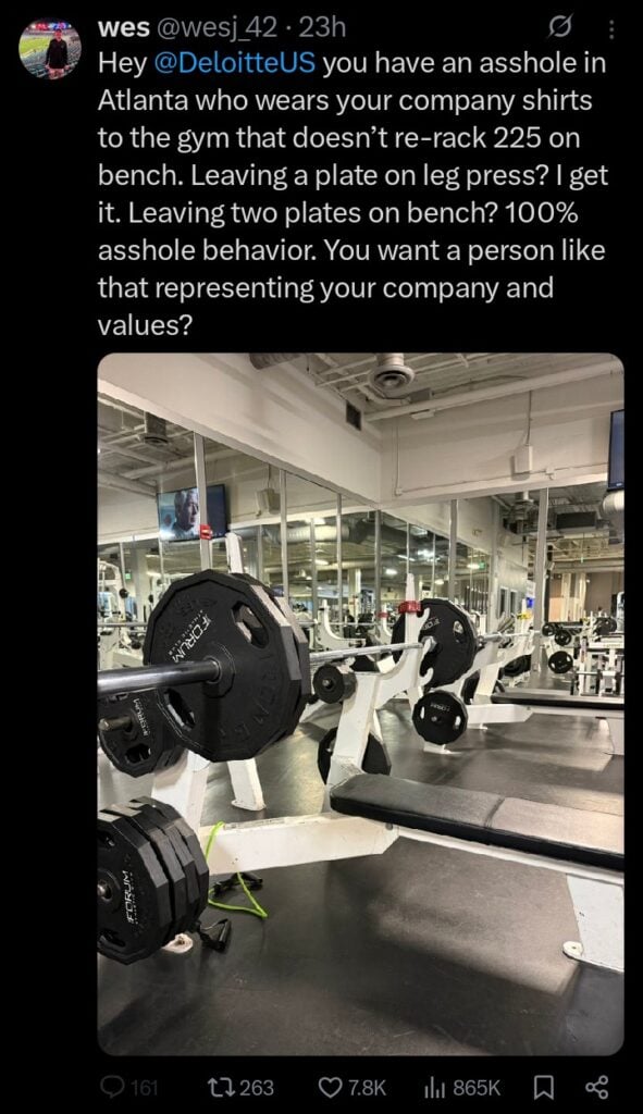 Screenshot of an X post complaining about a guy in Deloitte gear