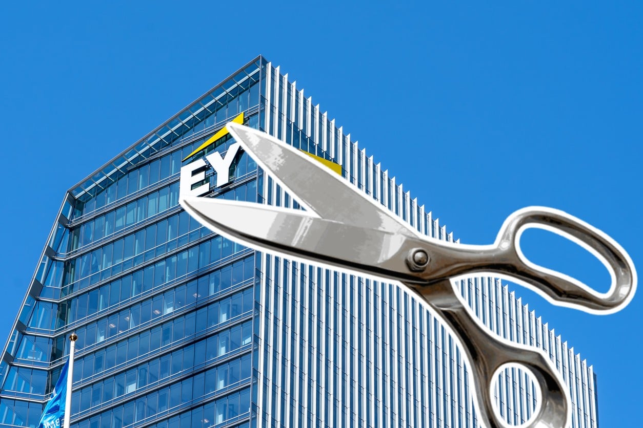 EY building exterior with scissors overlay