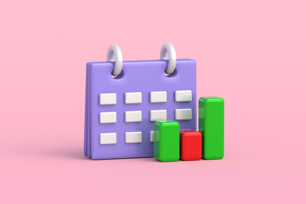 3D illustration of calendar, quarterly performance bars