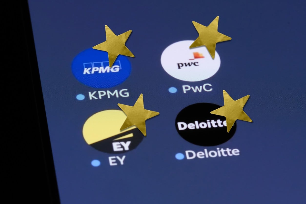 Big 4 firm app logos on phone screen with gold stickers