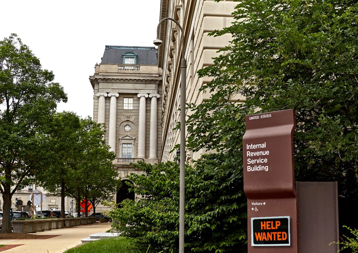 IRS exterior sign with help wanted sign