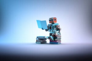 Robot sitting on books